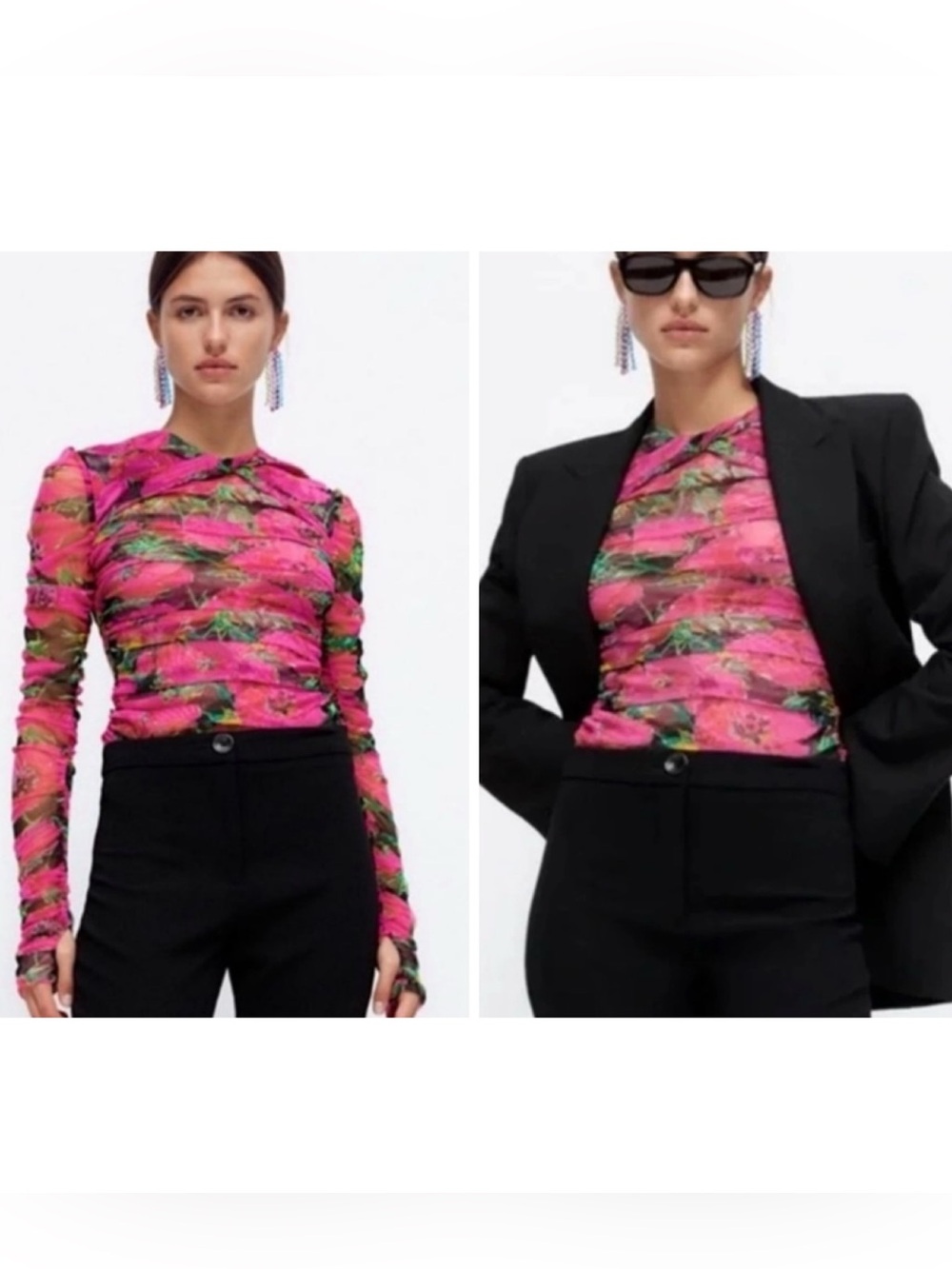Zara Pink Black Floral Mesh Ruched Crop Top Sheer Thumbhole Blogger Size XL - Picture 2 of 9